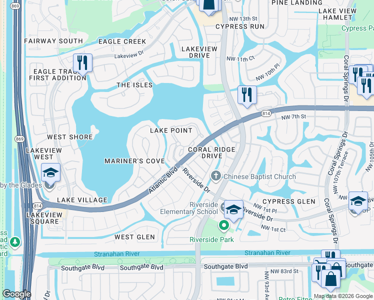 map of restaurants, bars, coffee shops, grocery stores, and more near 11611 West Atlantic Boulevard in Coral Springs