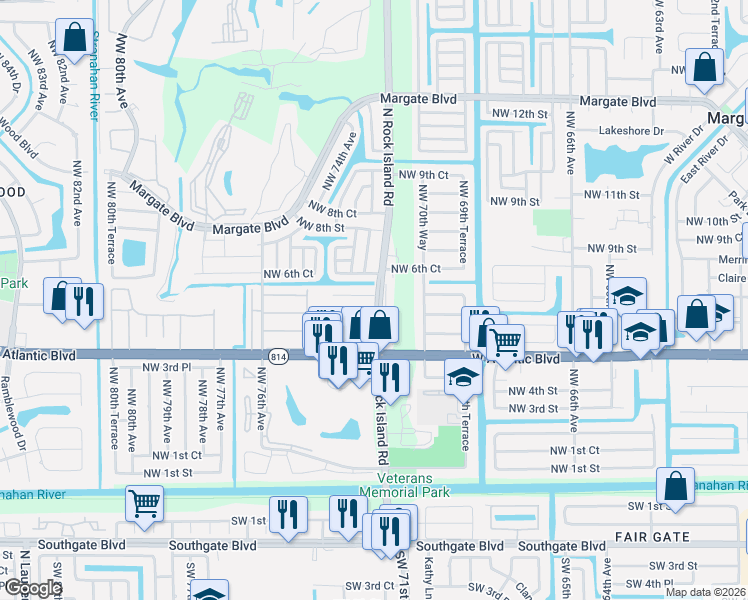 map of restaurants, bars, coffee shops, grocery stores, and more near 610 North Rock Island Road in Margate