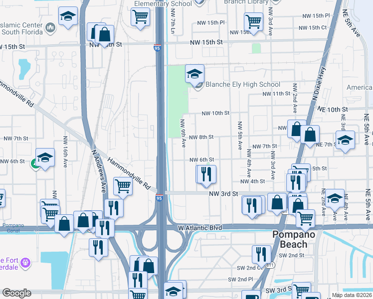 map of restaurants, bars, coffee shops, grocery stores, and more near 708 Northwest 9th Avenue in Pompano Beach