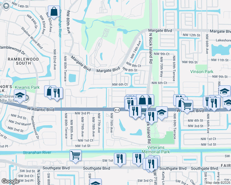 map of restaurants, bars, coffee shops, grocery stores, and more near 33 Northwest 5th Place in Margate