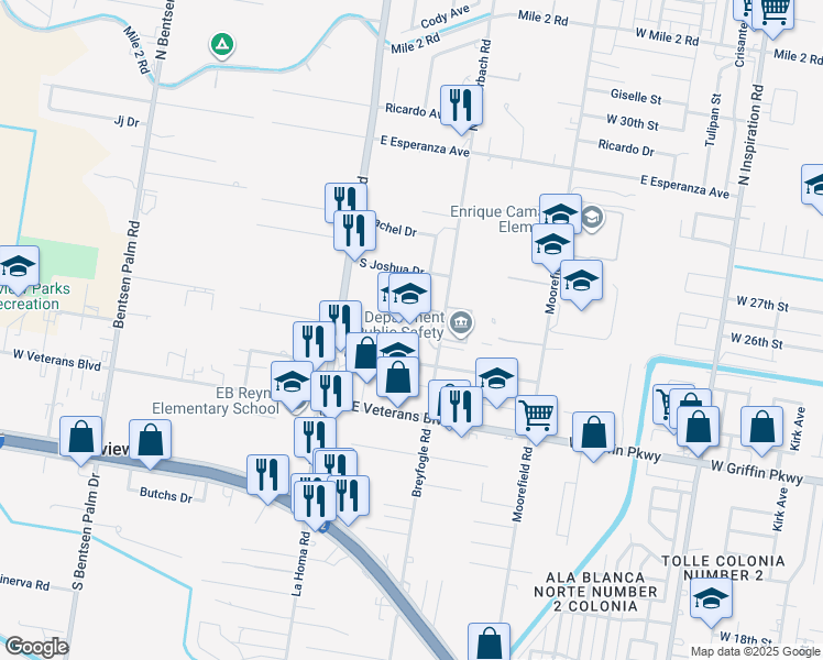 map of restaurants, bars, coffee shops, grocery stores, and more near 933 Paula Street in Palmview