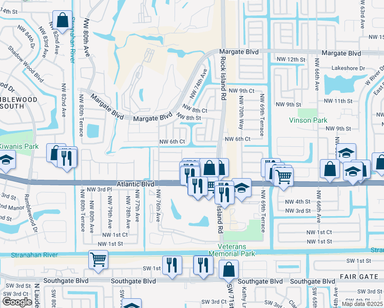 map of restaurants, bars, coffee shops, grocery stores, and more near 7400 Northwest 5th Place in Margate