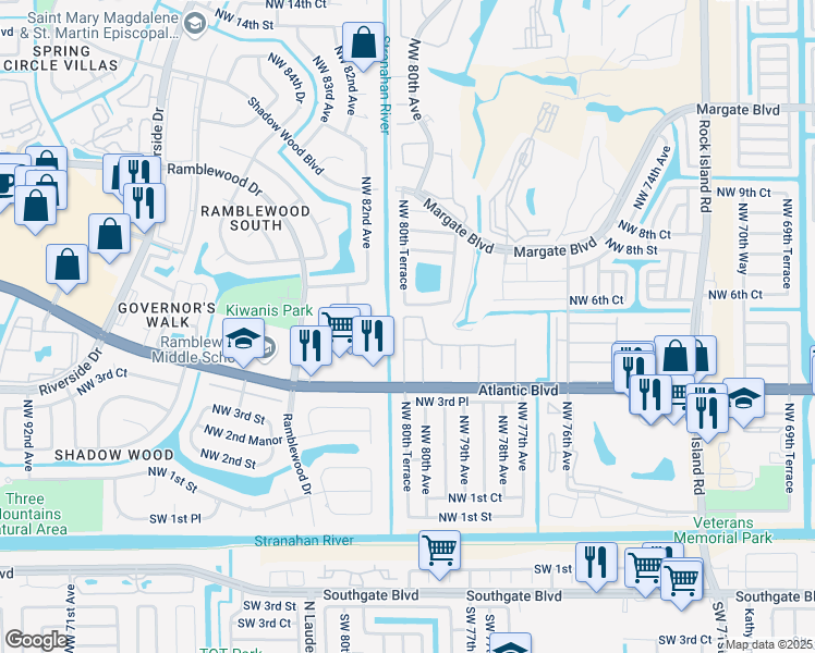 map of restaurants, bars, coffee shops, grocery stores, and more near 61 Northwest 80th Terrace in Coral Springs