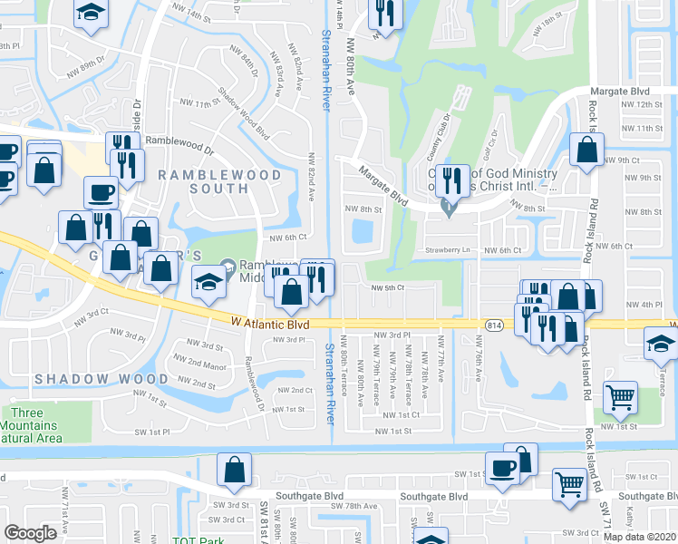 map of restaurants, bars, coffee shops, grocery stores, and more near 61 Northwest 80th Terrace in Coral Springs