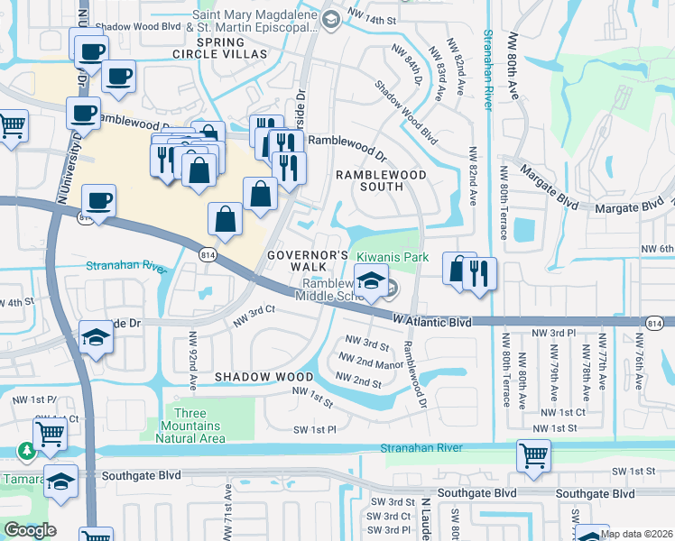 map of restaurants, bars, coffee shops, grocery stores, and more near 529 Northwest 87th Terrace in Coral Springs