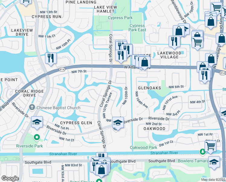 map of restaurants, bars, coffee shops, grocery stores, and more near 10779 Northwest 5th Place in Coral Springs