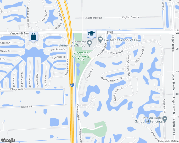 map of restaurants, bars, coffee shops, grocery stores, and more near 670 Lalique Circle in Naples