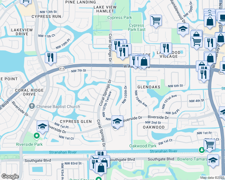 map of restaurants, bars, coffee shops, grocery stores, and more near 10779 Northwest 5th Place in Coral Springs