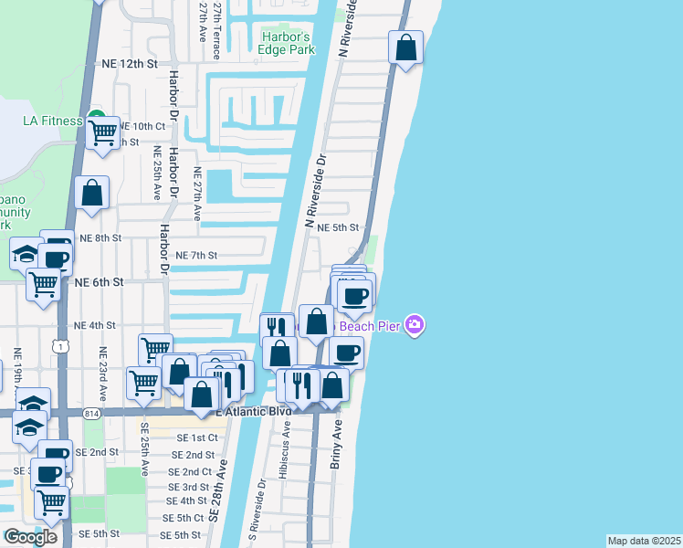 map of restaurants, bars, coffee shops, grocery stores, and more near 104 North Ocean Boulevard in Pompano Beach