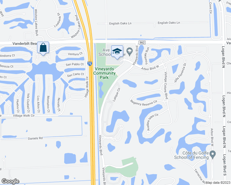 map of restaurants, bars, coffee shops, grocery stores, and more near 670 Lalique Circle in Naples
