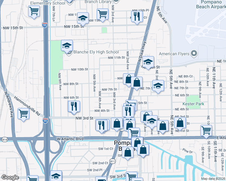 map of restaurants, bars, coffee shops, grocery stores, and more near 707 Northwest 3rd Avenue in Pompano Beach
