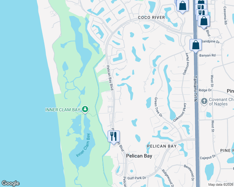 map of restaurants, bars, coffee shops, grocery stores, and more near 7040 Pelican Bay Boulevard in Naples
