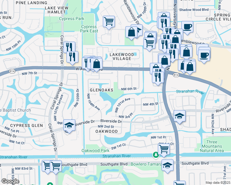 map of restaurants, bars, coffee shops, grocery stores, and more near 10100 Northwest 6th Street in Coral Springs