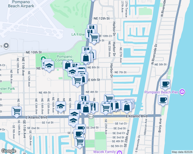 map of restaurants, bars, coffee shops, grocery stores, and more near 608 Northeast 23rd Terrace in Pompano Beach