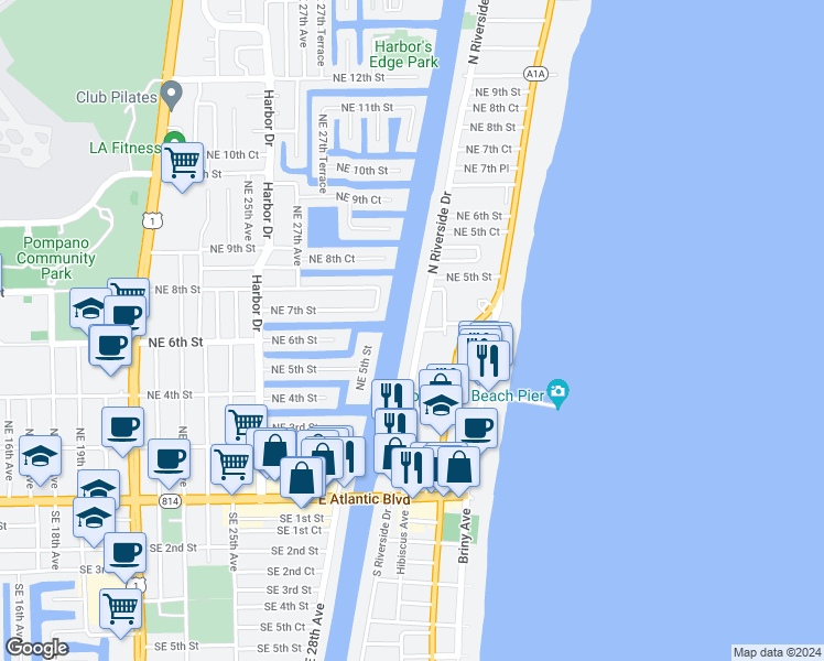 map of restaurants, bars, coffee shops, grocery stores, and more near 401 North Riverside Drive in Pompano Beach
