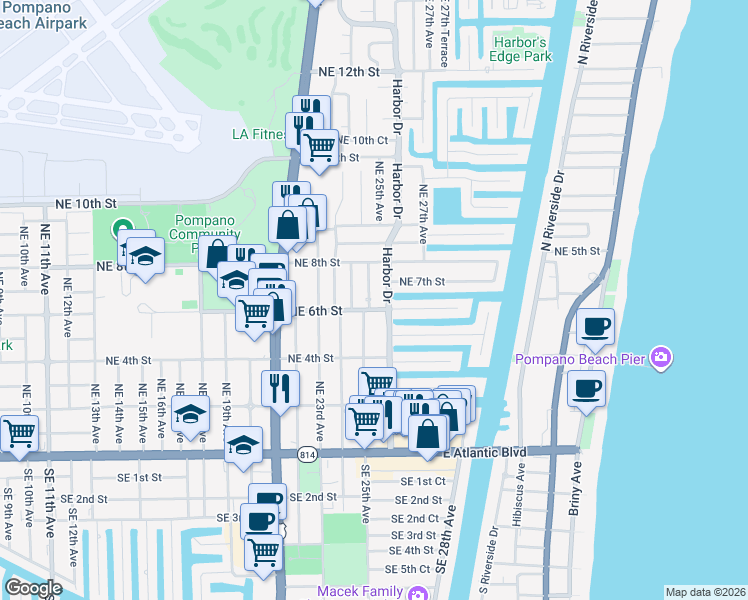 map of restaurants, bars, coffee shops, grocery stores, and more near 608 Northeast 25th Avenue in Pompano Beach