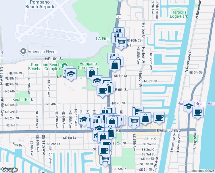 map of restaurants, bars, coffee shops, grocery stores, and more near 701 U.S. 1 in Pompano Beach