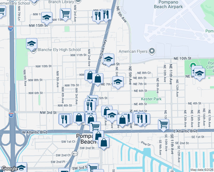 map of restaurants, bars, coffee shops, grocery stores, and more near 111 Northeast 7th Street in Pompano Beach