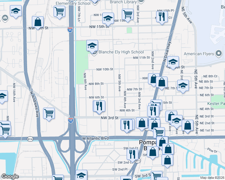 map of restaurants, bars, coffee shops, grocery stores, and more near 715 Northwest 5th Avenue in Pompano Beach
