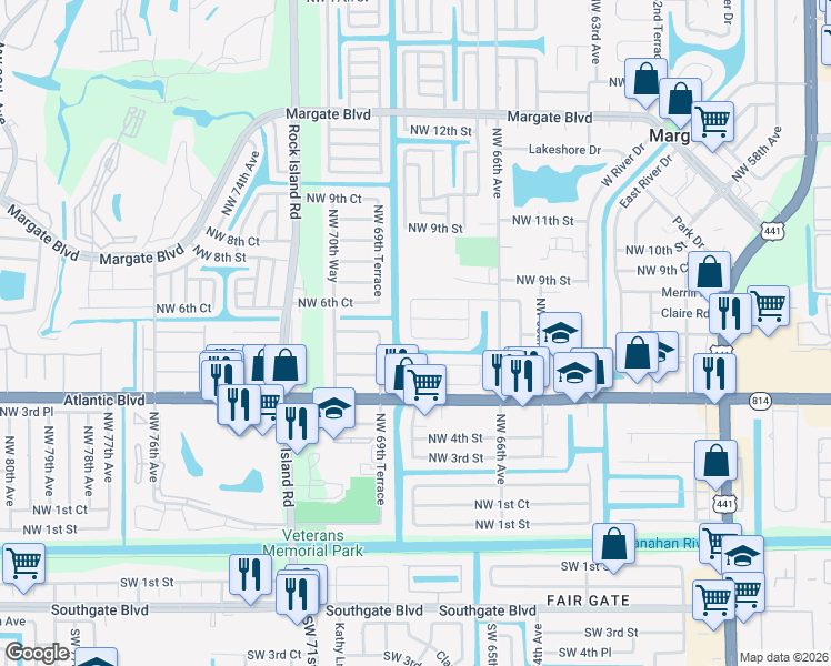 map of restaurants, bars, coffee shops, grocery stores, and more near 731 Northwest 69th Avenue in Margate