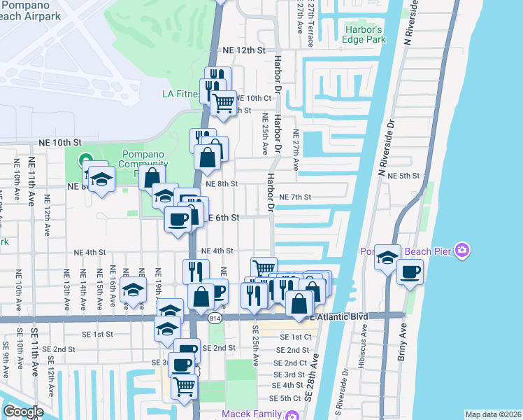 map of restaurants, bars, coffee shops, grocery stores, and more near 608 Northeast 25th Avenue in Pompano Beach
