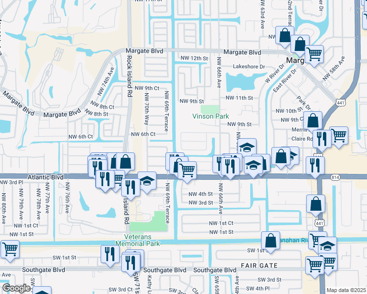 map of restaurants, bars, coffee shops, grocery stores, and more near 731 Northwest 69th Avenue in Margate