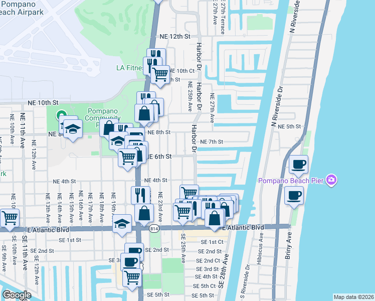 map of restaurants, bars, coffee shops, grocery stores, and more near 608 Northeast 25th Avenue in Pompano Beach