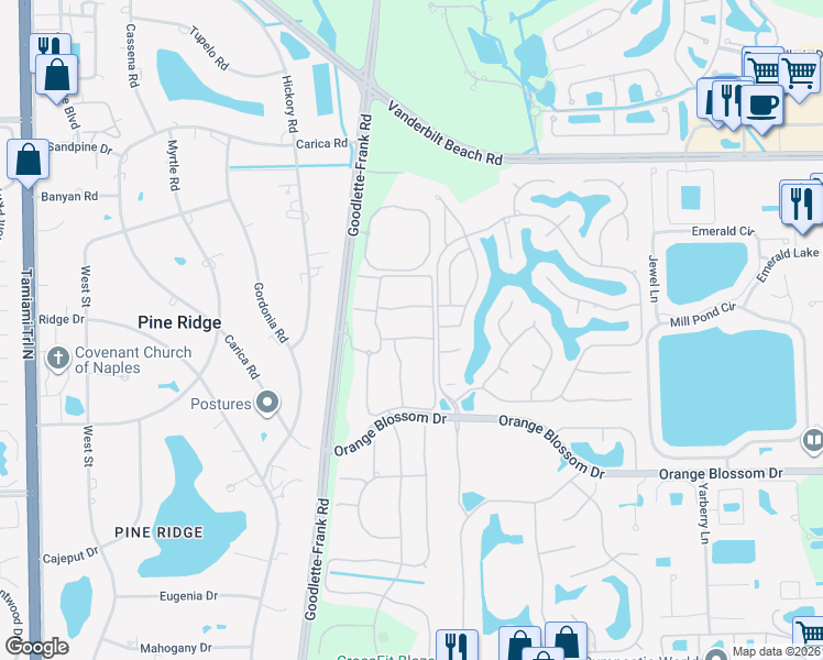 map of restaurants, bars, coffee shops, grocery stores, and more near 6894 Rain Lily Road in Naples