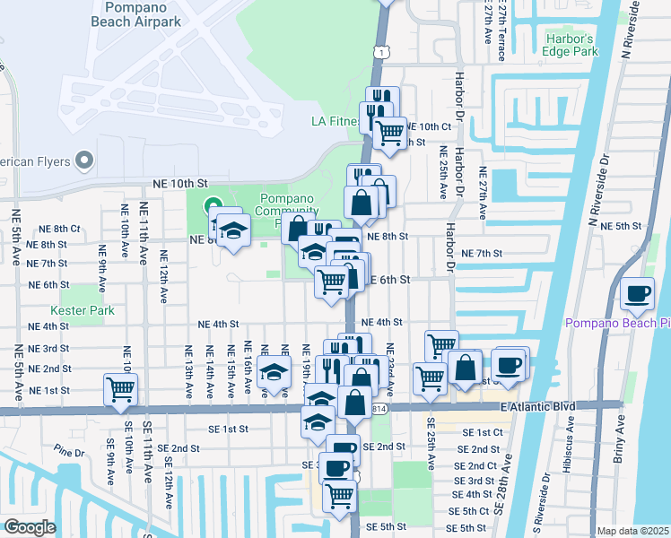 map of restaurants, bars, coffee shops, grocery stores, and more near 619 North Federal Highway in Pompano Beach