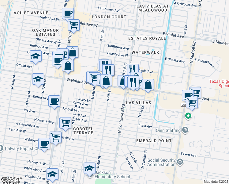 map of restaurants, bars, coffee shops, grocery stores, and more near 315 West Nolana Avenue in McAllen