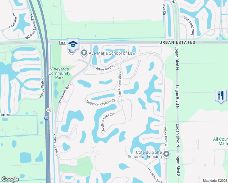map of restaurants, bars, coffee shops, grocery stores, and more near 793 Regency Reserve Circle in Naples