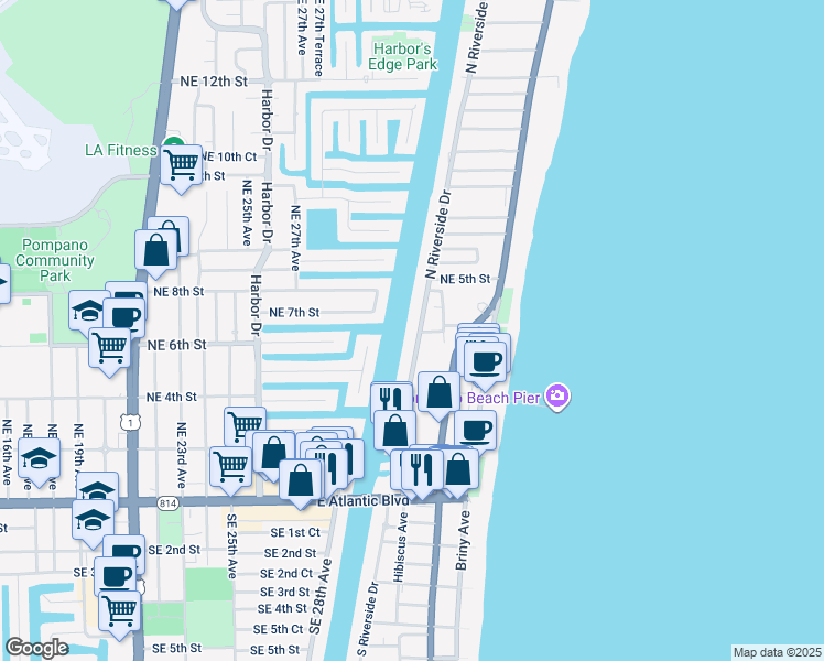 map of restaurants, bars, coffee shops, grocery stores, and more near 401 North Riverside Drive in Pompano Beach