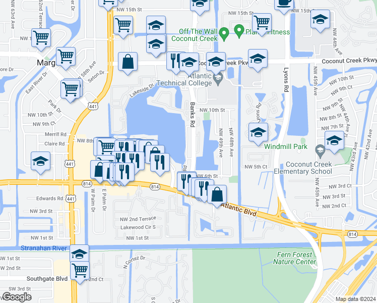 map of restaurants, bars, coffee shops, grocery stores, and more near 481 Banks Road in Margate