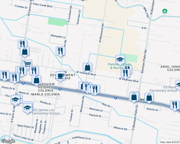 map of restaurants, bars, coffee shops, grocery stores, and more near 906 West Veterans Boulevard in Palmview
