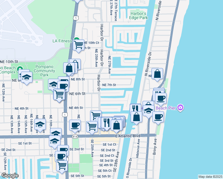 map of restaurants, bars, coffee shops, grocery stores, and more near in Pompano Beach