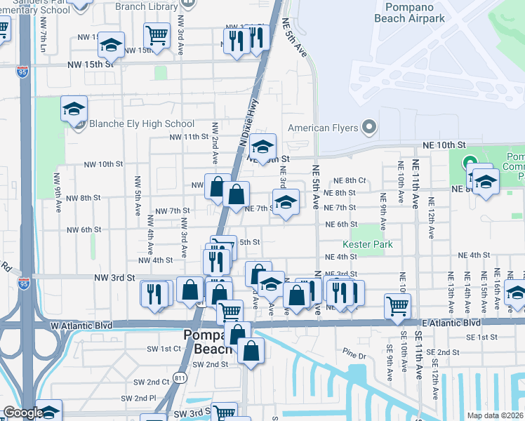 map of restaurants, bars, coffee shops, grocery stores, and more near 111 Northeast 7th Street in Pompano Beach