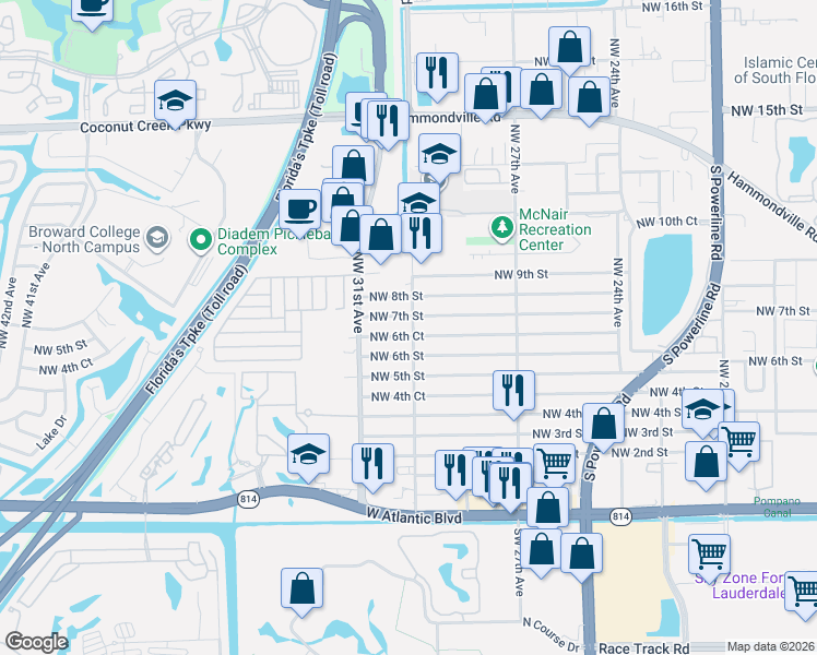 map of restaurants, bars, coffee shops, grocery stores, and more near 2940 Northwest 7th Street in Pompano Beach