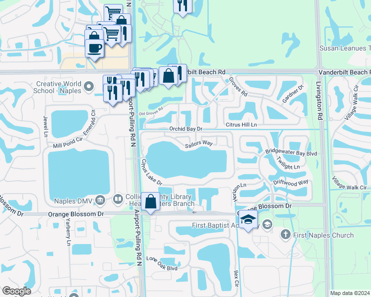 map of restaurants, bars, coffee shops, grocery stores, and more near 2628 Sailors Way in Naples