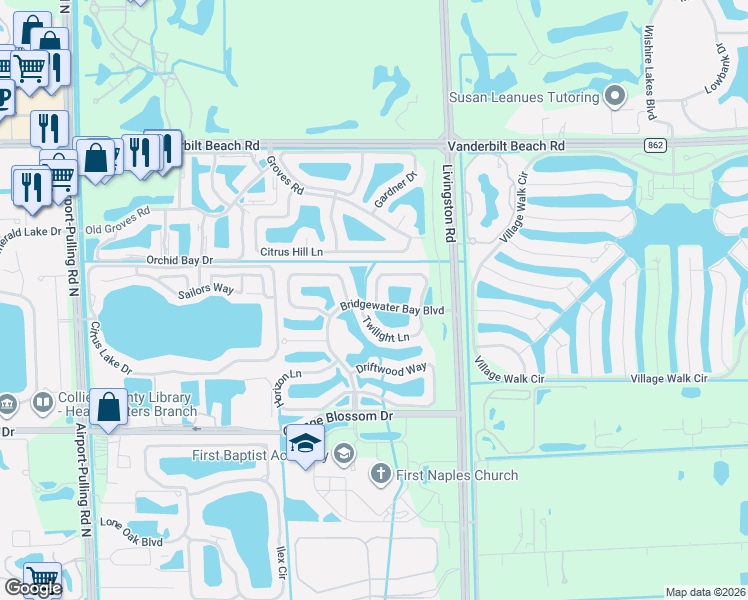 map of restaurants, bars, coffee shops, grocery stores, and more near 3330 Sandpiper Way in Naples