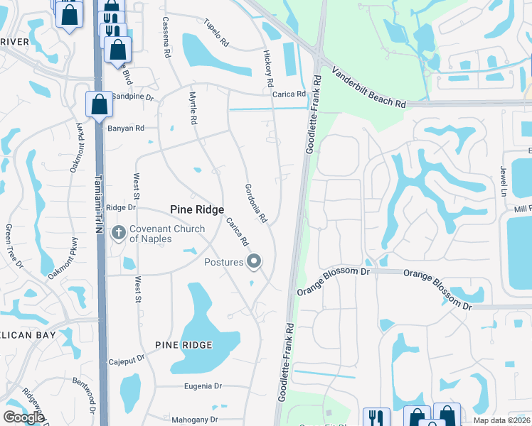 map of restaurants, bars, coffee shops, grocery stores, and more near 580 Hickory Road in Naples