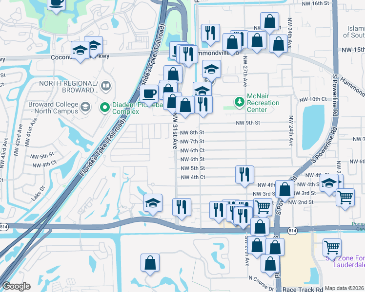 map of restaurants, bars, coffee shops, grocery stores, and more near 3040 Northwest 7th Street in Pompano Beach