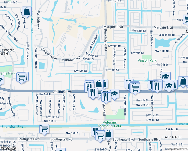 map of restaurants, bars, coffee shops, grocery stores, and more near 7305 Northwest 5th Place in Margate