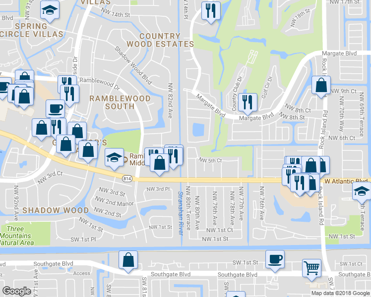 map of restaurants, bars, coffee shops, grocery stores, and more near 61 Northwest 80th Terrace in Coral Springs