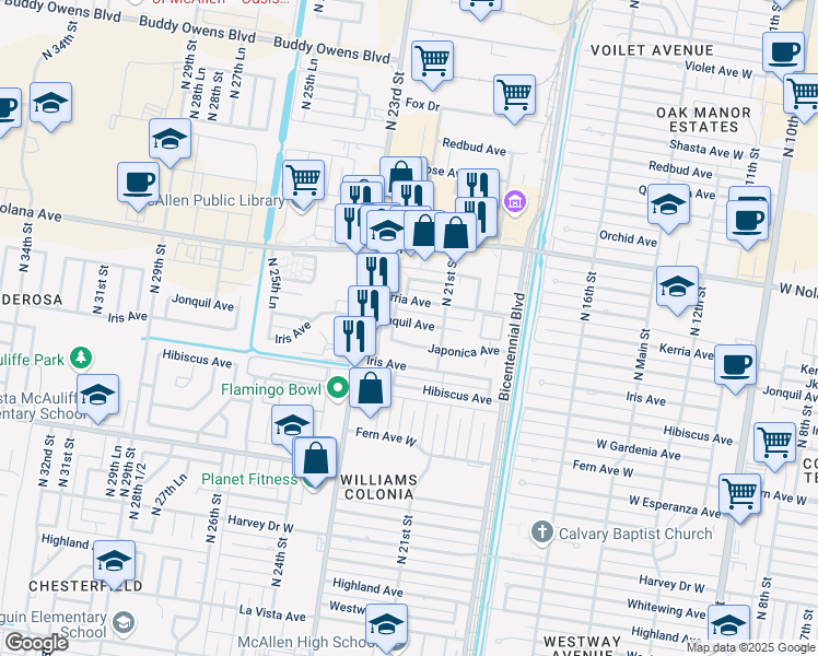 map of restaurants, bars, coffee shops, grocery stores, and more near 2125 West Jonquil Avenue in McAllen