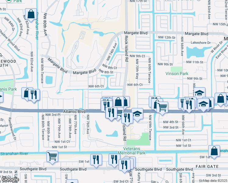map of restaurants, bars, coffee shops, grocery stores, and more near 7305 Northwest 5th Place in Margate