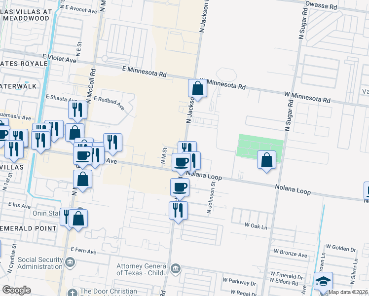 map of restaurants, bars, coffee shops, grocery stores, and more near 4205 North Jackson Road in McAllen
