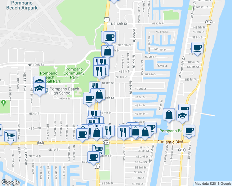 map of restaurants, bars, coffee shops, grocery stores, and more near 608 Northeast 23rd Terrace in Pompano Beach