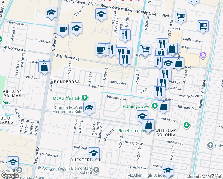 map of restaurants, bars, coffee shops, grocery stores, and more near 2813 Iris Avenue in McAllen