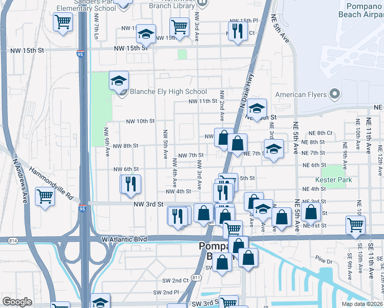 map of restaurants, bars, coffee shops, grocery stores, and more near 707 Northwest 3rd Avenue in Pompano Beach