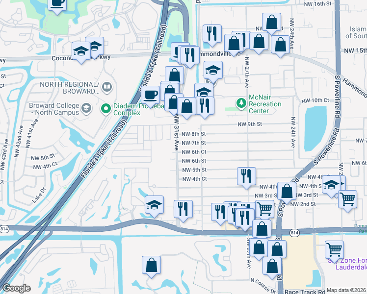 map of restaurants, bars, coffee shops, grocery stores, and more near 3040 Northwest 7th Street in Pompano Beach
